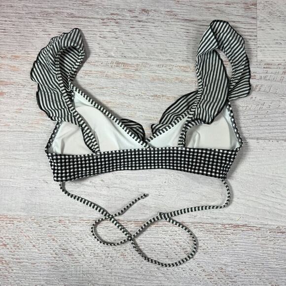 Aerie Seersucker Gingham Scoop Ruffle Wrap Bikini Top SIZE S Black White NWOT - Picture 5 of 9